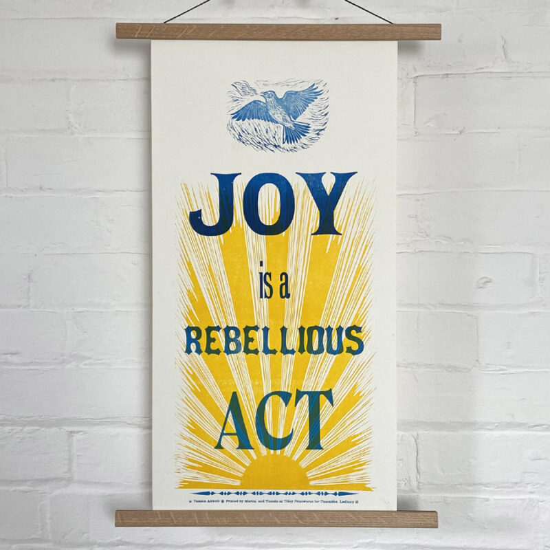 A letterpress poster with words and linocut illustrations by Tamsin Abbott. Printed by Martin Clark and Tamsin at Tilley Printing, Ledbury.