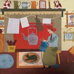 Marion Elliot Papercut collage Knitting by fireside Tinsmiths Ledbury