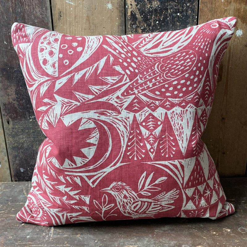 Mark Hearld Bird Garden Cherry Red Cushion